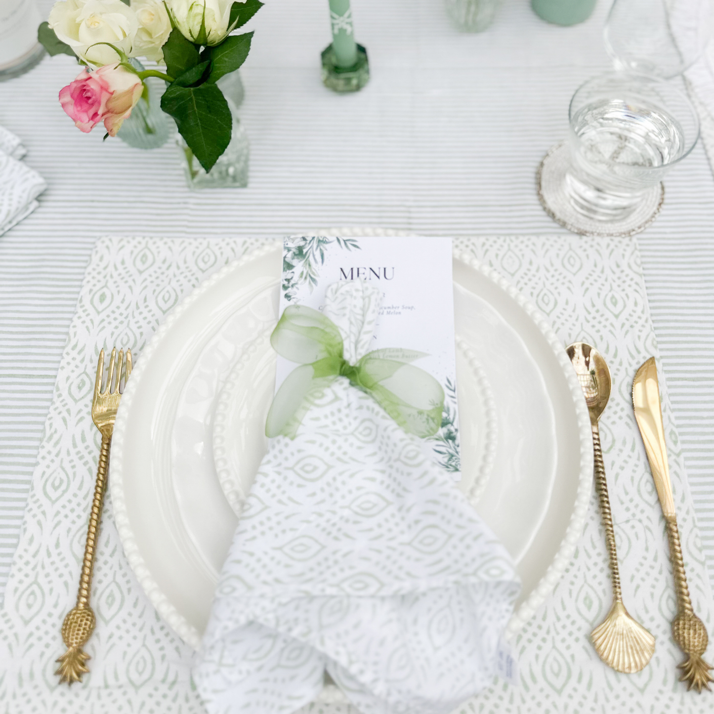 Marlborough Striped Tablecloth in Eucalyptus