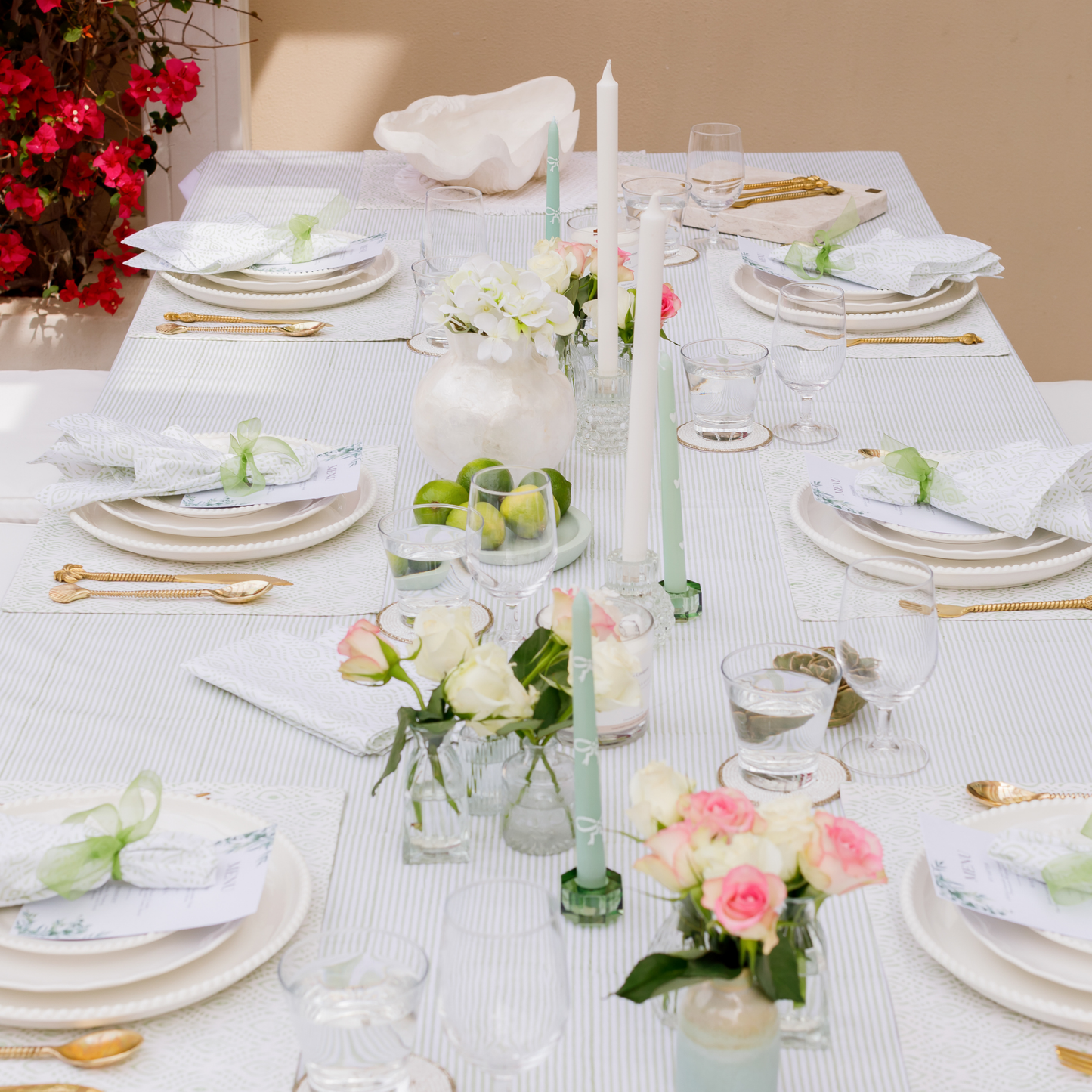 Marlborough Striped Tablecloth in Eucalyptus