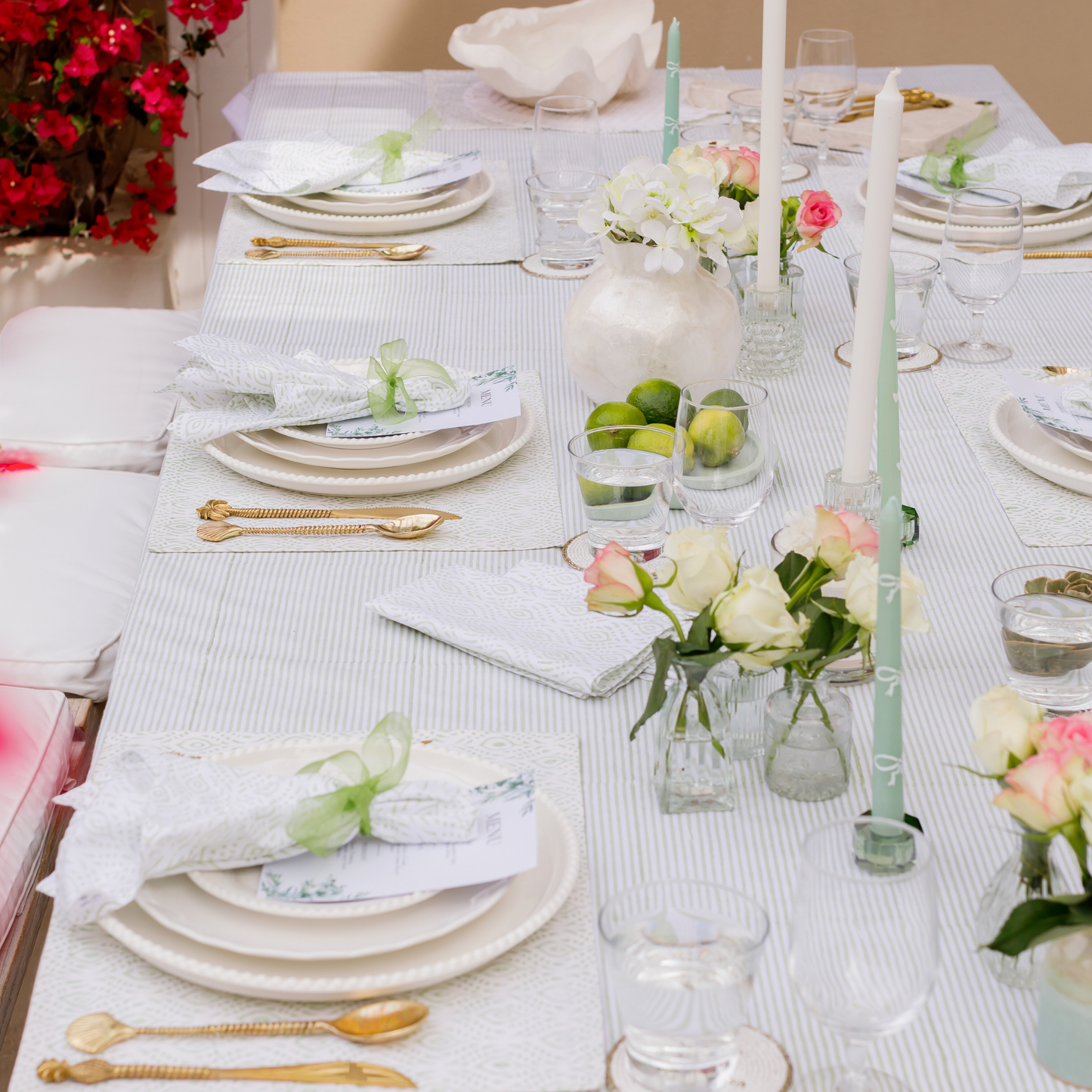 Marlborough Striped Tablecloth in Eucalyptus