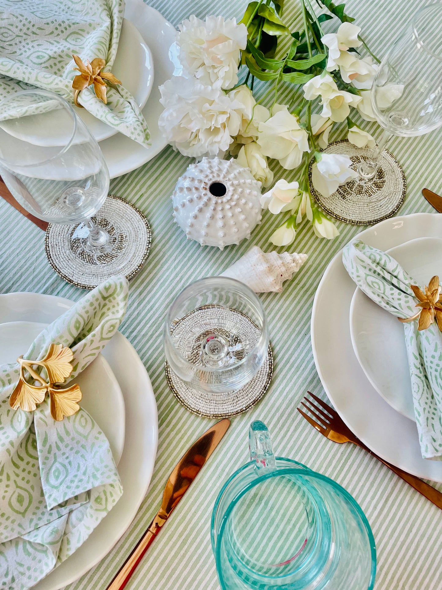 Marlborough Striped Tablecloth in Eucalyptus