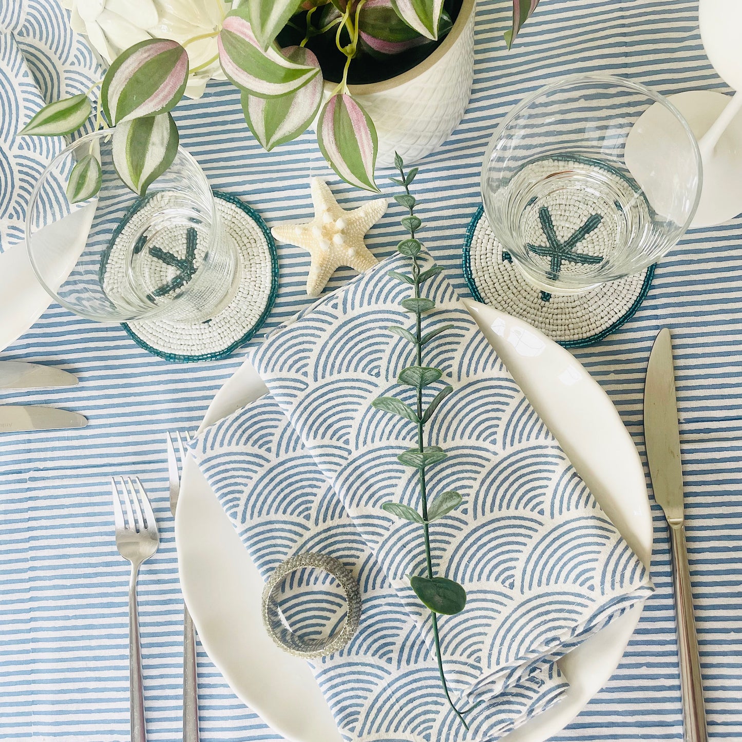 Marlborough Striped Tablecloth in Cornflower Blue