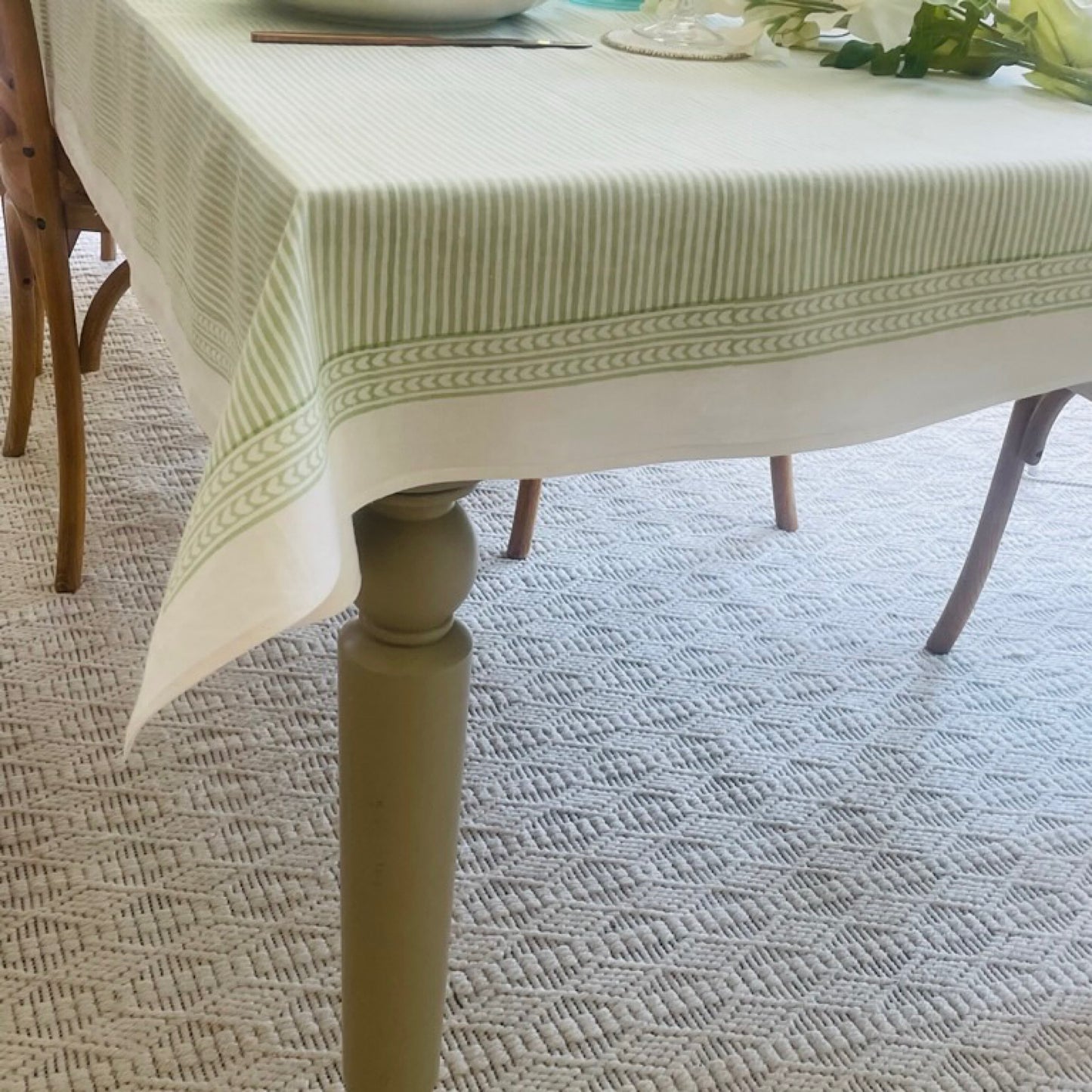 Marlborough Striped Tablecloth in Eucalyptus