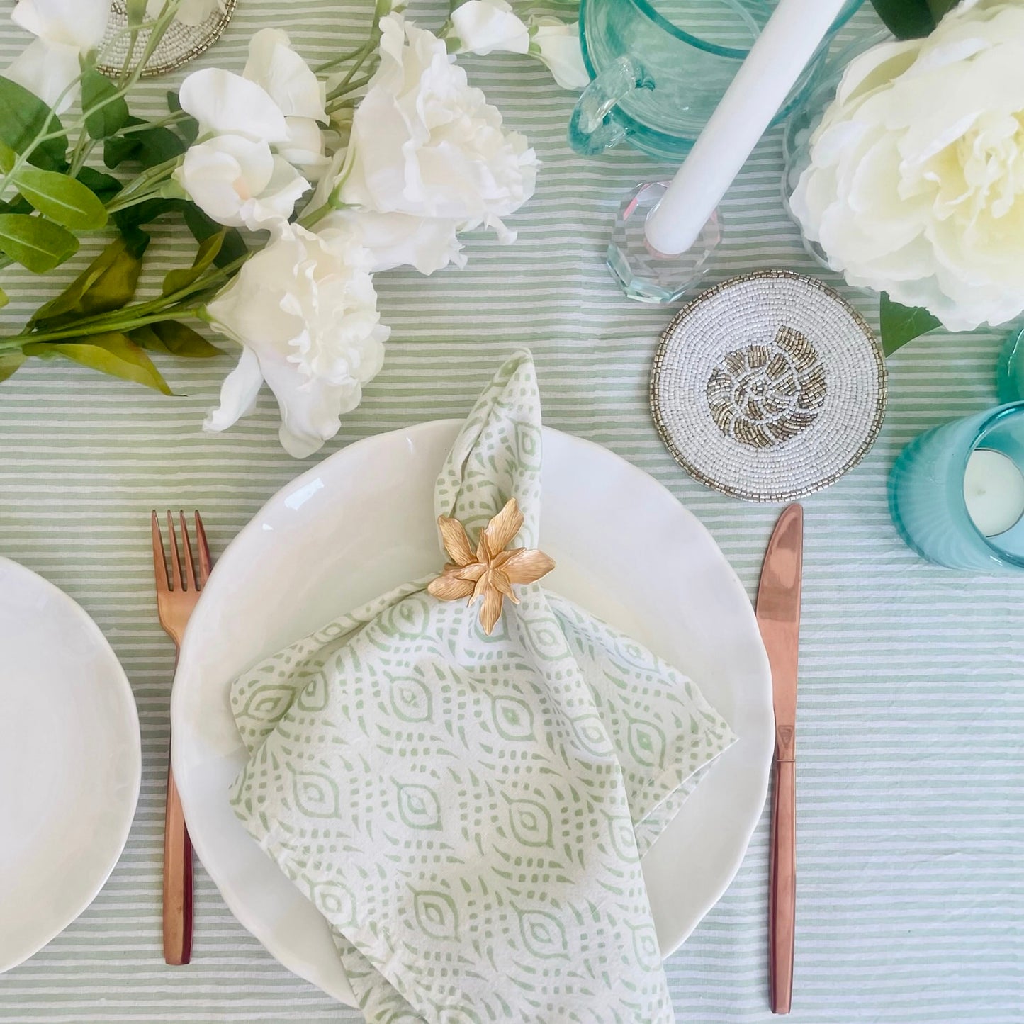 Marlborough Striped Tablecloth in Eucalyptus